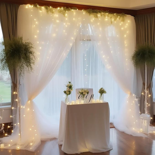 10ft x 8ft White Backdrop Curtain with Lights String for Parties, Sheer Tulle Wedding Photo Backdrops Drapes for Baby Shower Birthday Party Decorations Background for Photography