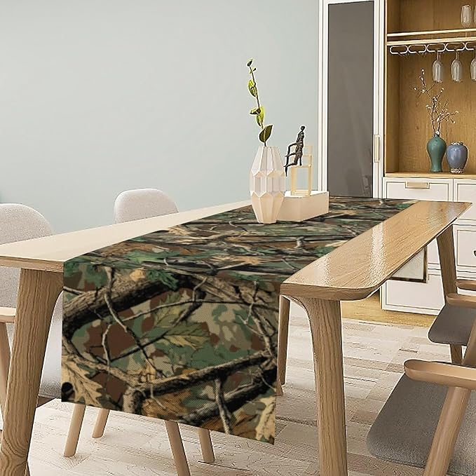 Forest Camouflage Table Runner, Camo Conifer Oak Branches Leaves Military Mossy Lodge Country Camp Cabin Theme Dinner Table Runner for Home Kitchen Dining Table Decoration 13"x108"