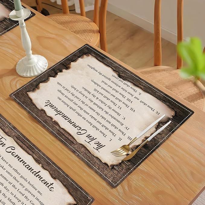 10 Commandments Placemats Set of 4, Ten Commandments Religious Place Mats Washable Double-Sided Table Mats for Kitchen Dining Room Home Party Indoor 4 PCS 12x18 Inch