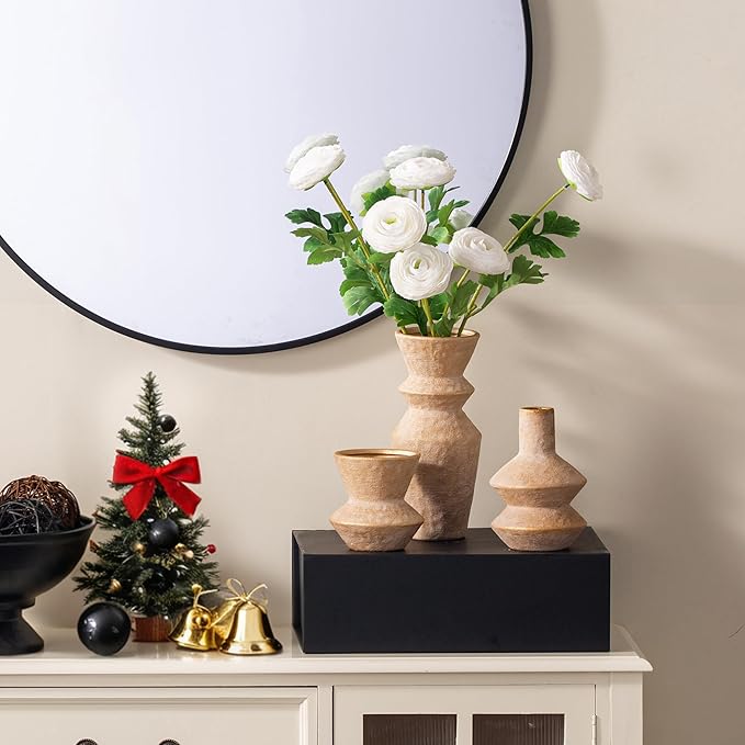 Ceramic Vase Home Table Decor - Gold Flower Vase Set of 3 Living Room Kitchen Decorations Farmhouse Modern Rustic Vases Decorative Centerpiece for Shelf Bedroom Office Bathroom Dining Coffee Desk