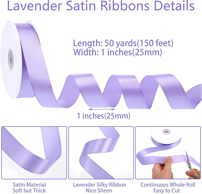 Light Purple Satin Ribbon 1 Inch 50 Yards Solid Fabric Lilac Ribbon for Gift Wrapping Flower Bouquet Wedding Party Vase Christmas Decorations