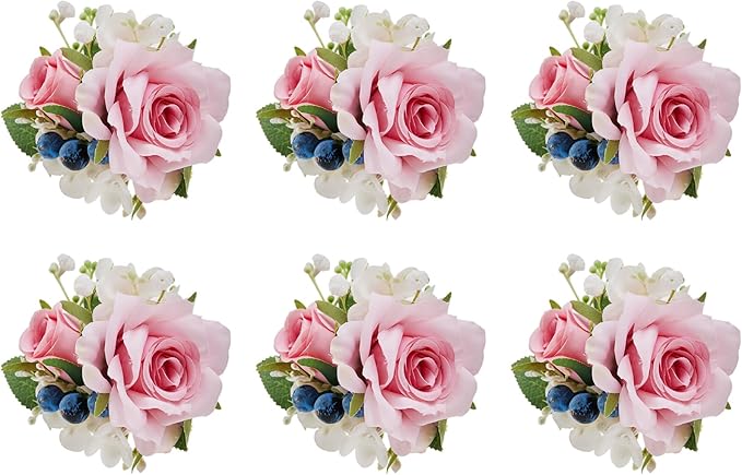 Meldel Pink Pocket Boutonniere for Men Wedding, Set of 6, Prom Corsages Flower Party Suit Decoration, Rose Corsage for Groom and Groomsman Ceremony Anniversary