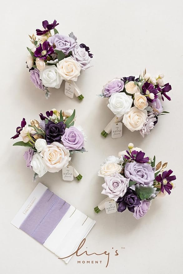 Ling's Moment Artificial Flowers Purple Bridesmaid Bouquet Set of 4, Lilac and Gold Wedding Flowers Bouquets for Bridesmaids, 7 Inch Bridal Bouquets for Bridesmaids, Wedding, Ceremony, Anniversary, et