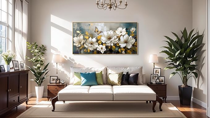 Wall Art Modern Flower Artwork Paintings White Blossom Gold Leaf Butterfly Landscape Picture wall Decor for Living Room Bedroom Kitchen 30"x60" with Framed