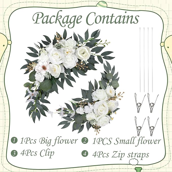 Wedding Arch Flowers for Wedding Welcome Sign, 2PCS Artificial Flower Floral Swag for Decoration Ceremony Reception Backdrop Party Aisle (White)