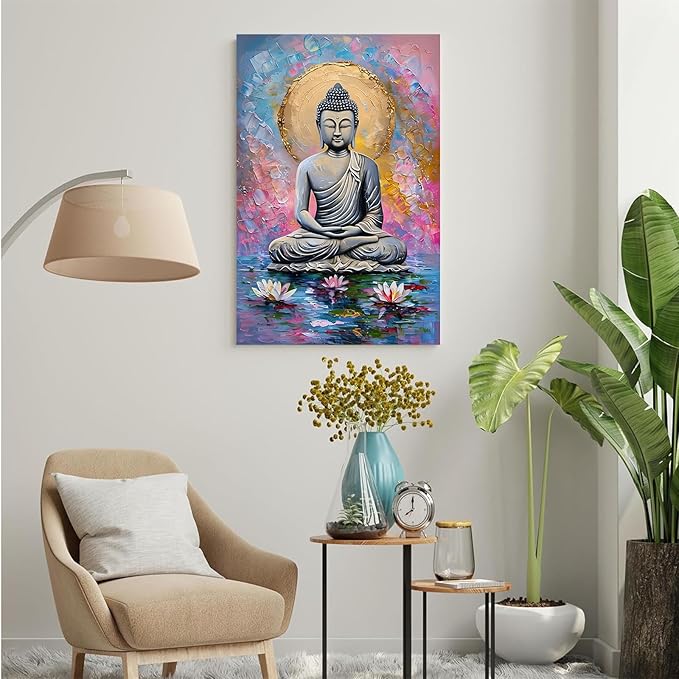 Lotus and golden Buddha meditation tranquil zen wall art mindfulness wall art for spiritual harmony and tranquility decor 28x40in Wood Framed