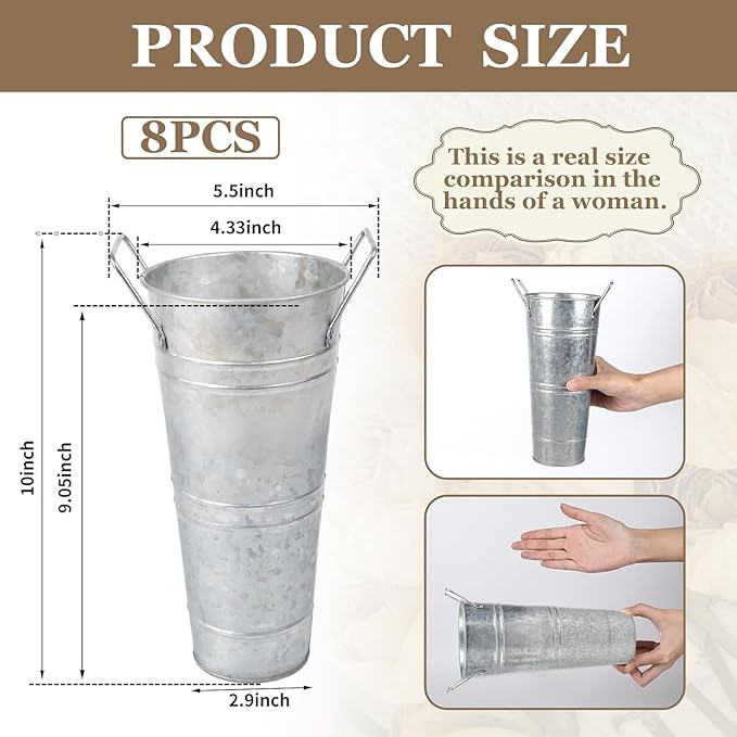 4pcs 10inch Small Galvanized Flower Bucket,Small Metal Vases for Flowers,Metal Vase,Flower Vases for Bouquet,Flower Buckets for Flower Bar Supplies (Silver,10inch Height,Set of4)