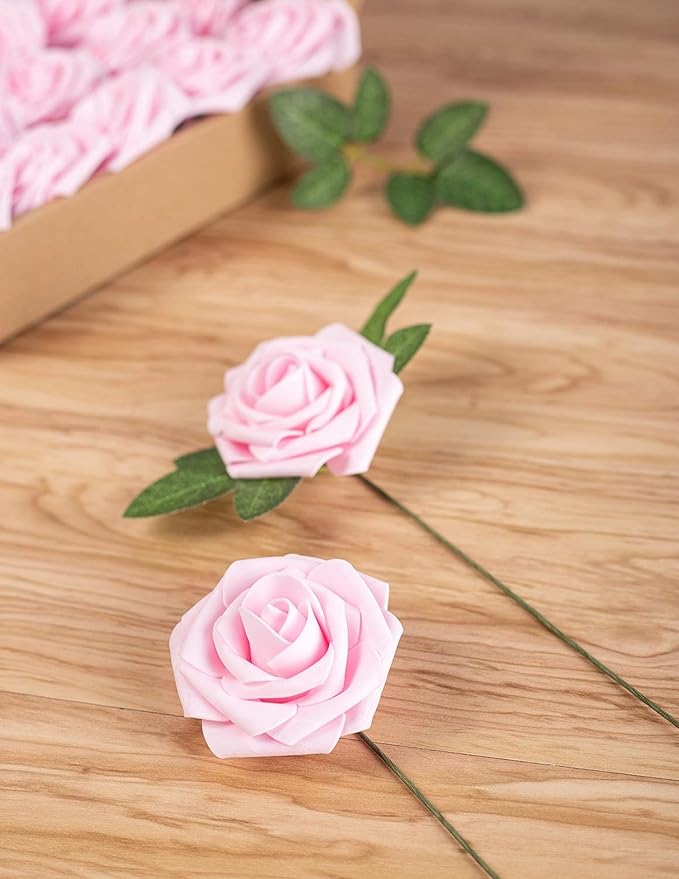 Artificial Flower Foam Rose 25pcs Real Looking Fake Rose with Stems Leaves for Home Decoration Party Garden Centerpieces DIY Wedding Bouquets（Light Pink）