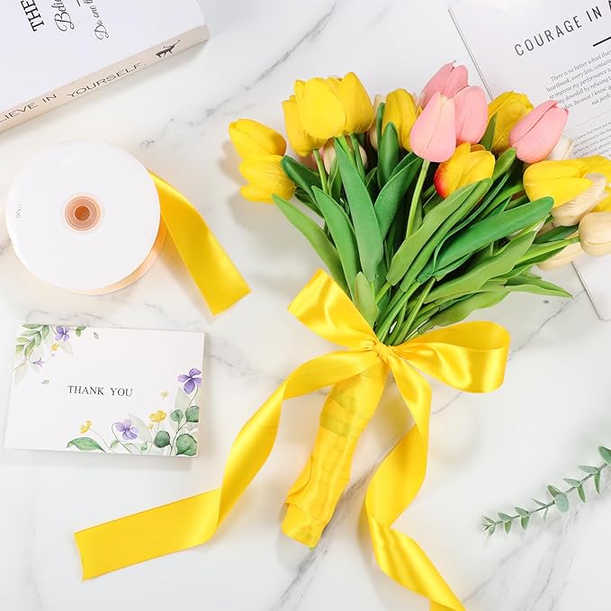 Yellow Ribbon 1 1/2 Inch 60 Yards Yellow Satin Ribbon for Fall Decor Harvest Party Crafts Gift Wrapping Flower Bouquet Memorials Holiday Christmas Decorations