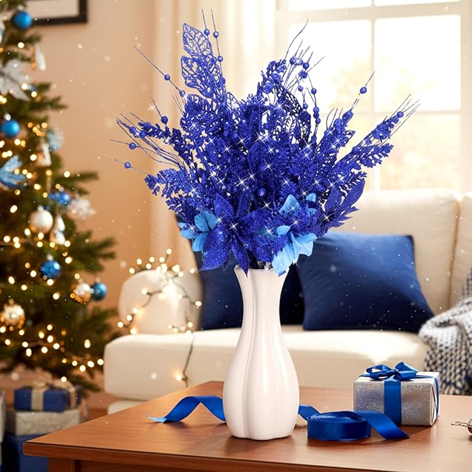 18 Pack 3 Styles 17 Inch Christmas Glitter Poinsettia Berry Stems Ornaments Artificial Floral Branches Picks for Christmas Tree Home Vase Holiday Party Decor(Royal Blue)