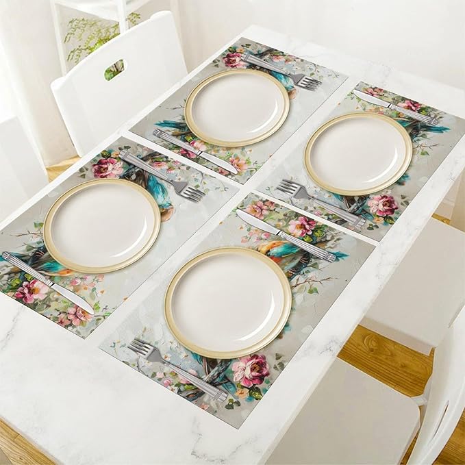 Botanical Birds Placemats Set of 6 Bird Pictures Farmhouse Rustic Flower Kitchen Mats Waterproof Washable Table Mats for Kitchen Dining Decoration 6 PCS