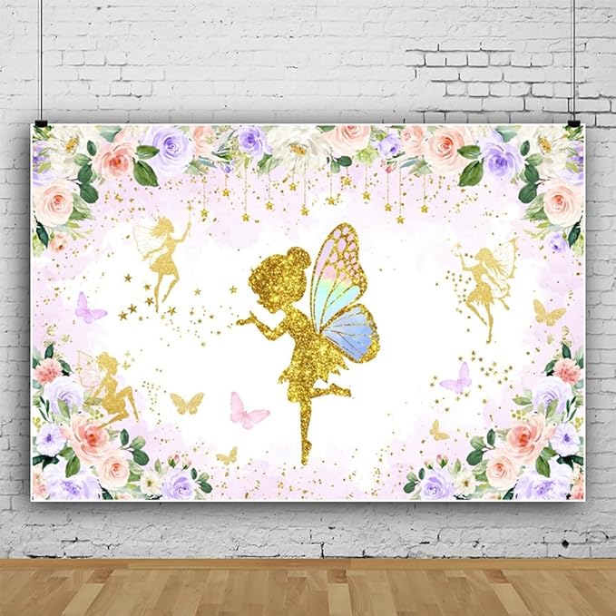 Renaiss 7x5ft Floral Fairy Backdrop Pink Gold Flower Butterflies Golden Glitter Princess Fairy Birthday Party Photography Background for Girl Baby Shower Decor Photo Studio Props