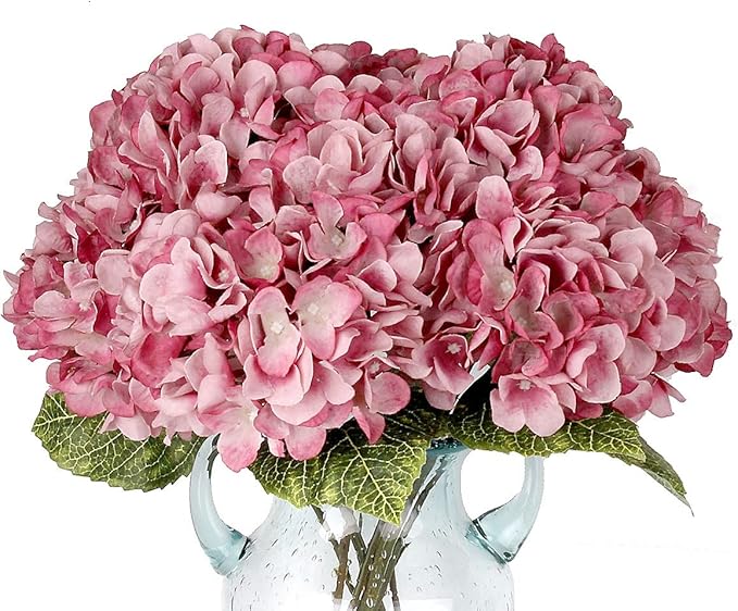 2Bouquets Artificial Fake Flowers Plants Silk Hydrangea Arrangements Wedding Bouquets Decorations Plastic Floral Home Kitchen Garden Party Festival Bar DIY(Grey Pink, 5 Flower Heads)