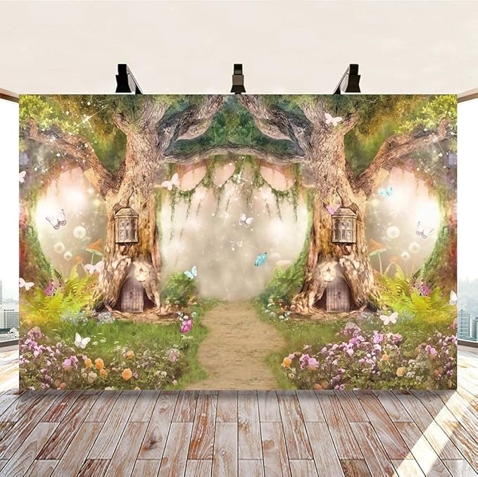 Leowefowa 12x8ft Forest Birthday Backdrop Fairytale Forest Backdrop Enchanted Forest Flower Baby Shower Photo Backgrounds for Party Photo Shoots Newborn Baby Kids Studio Props Photography Backdrops