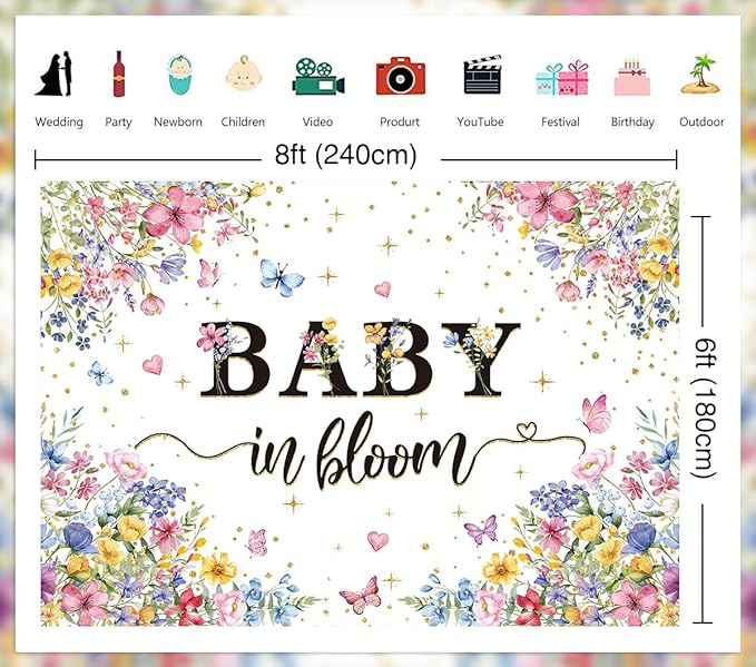 Baby in Bloom Backdrop Wildflower Baby Shower Party Photography Background Spring Floral Gold Glitter Butterfly Banner for Girls Baby Shower Newborn Birthday Party Decorations (94X70 inch (8x6FT))