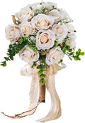 Wedding Bouquets Large for Bride, Wedding Silk Artificial Flowers 14pcs White Champagne Roses 10 in Fake Flowers for Wedding Party, Ceremony, Anniversary & Home Decor(Come with 4 kinds of Ribbons)