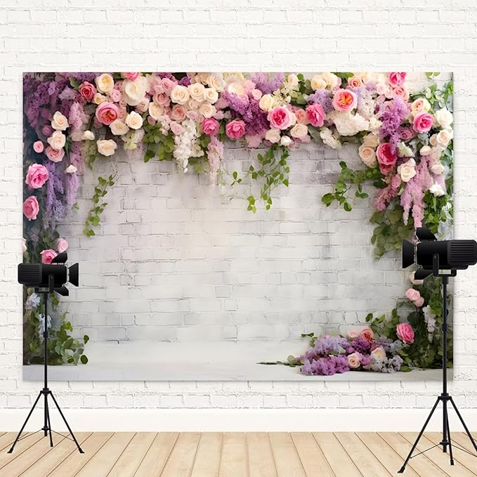 5x3ft Retro White Brick Wall Floral Backdrop Vine Leaves Rose Flowers Photography Background Bridal Shower Wedding Party Birthday Banner Decorations Adults Portrait Photo Booth Prop