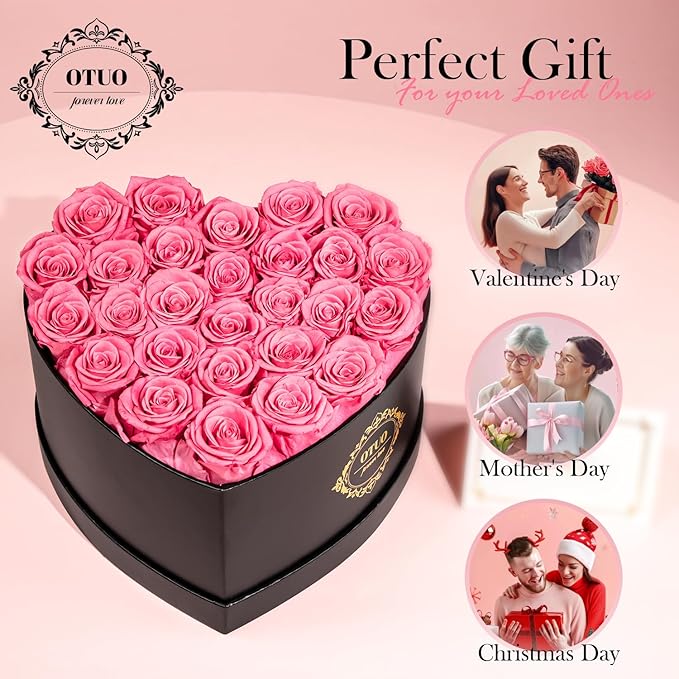 27 Preserved Roses in Heart-Shaped Box, Flowers for Delivery Prime Last up 2 Years, Real Forever Flowers for Wife, Girlfriend, Mother, Eternal Roses for Anniversary - Pink