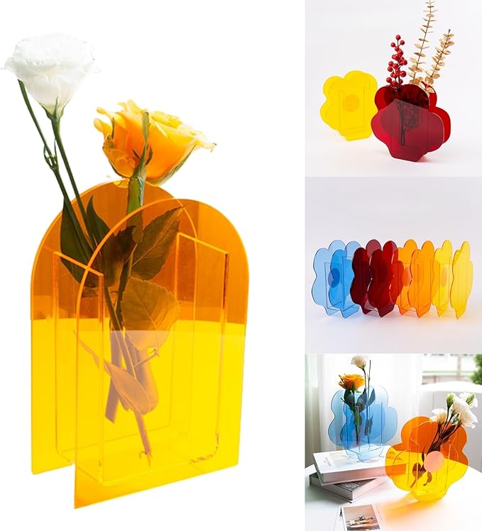 Acrylic Arch-Shaped Vase in Vibrant Orange, Colorful Modern Centerpiece for Home Decor, Dining Table, or Office Display (Arch Style)