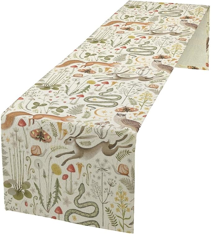 Country Forest Table Runner, Wild Animal Hare Squirrel Owl Snake Snail Flowers Mushroom Print Table Runner for Spring Holiday Farmhouse Kitchen Indoor Outdoor Decoration, 13x120inch