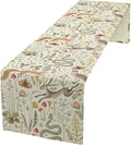 Country Forest Table Runner, Wild Animal Hare Squirrel Owl Snake Snail Flowers Mushroom Print Table Runner for Spring Holiday Farmhouse Kitchen Indoor Outdoor Decoration, 13x120inch