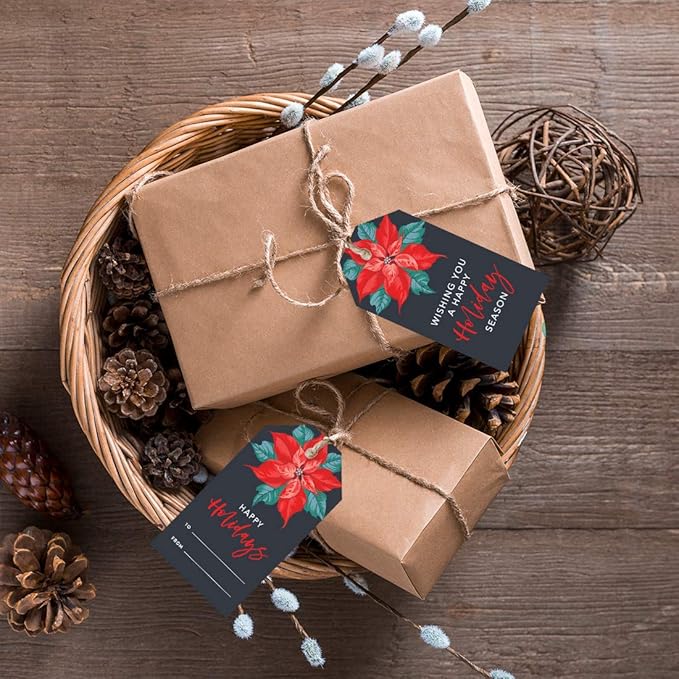 Andaz Press Christmas Holiday Season Classic Gift Tags, Happy Holidays to from and Wishing You A Happy Holiday Season, Christmas Poinsettia Design, for Holiday Events, Parties, and Favors, 60-Pack