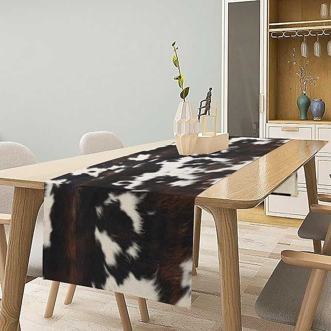 Cow Print Table Runner, Black White Cowhide Print Western Style Table Runner Country Farmhouse Cottage Cow Patten Table Decoration for Home Kitchen Dining, 13x108 Inch