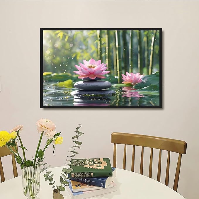 Ethereal pink lotus on obsidian Sunlit bamboo forest with sparkling water drops Poetic nature inspired wall art for tranquil homes and mindful spaces 12x18in Metal blackFramed