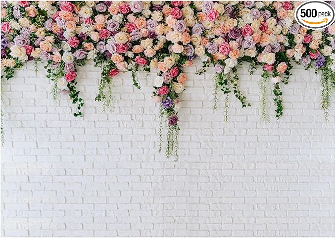 7X5FT White Brick with Flowers Backdrop Occasions Mother's Day Wedding Bridal Shower Birthday Party Banner Background Supplies DH-357