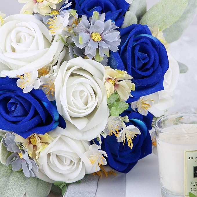 Rinlong 7“ Blue Wedding Bouquet for Bride Bridesmaid Artificial Toss Bouquet Royal Navy Blue Silk Bridal Bouquet Wedding Prom Bouquets