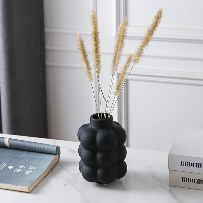 Black Ceramic Vase - Small Spherical Flower Vase for Centerpiece, Three Floors Design for Modern Home Decor, Boho Decorative Vase - 6.7" Tall