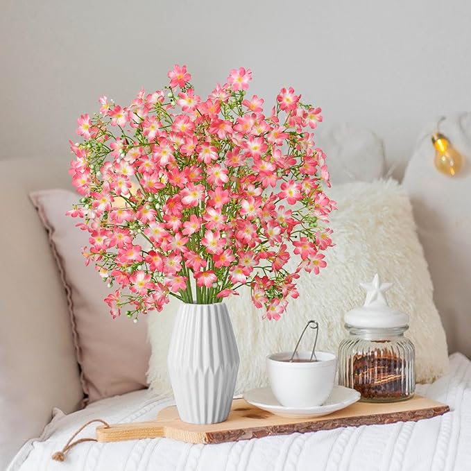 Artificial Flowers 8PCS Silk Flowers with Long Stems, Fake Flowers Bulk Fake Babys Breath, Pink Flowers for Tall Vase Outdoor Garden Wedding Party Home Table (Pink, 8PCS)