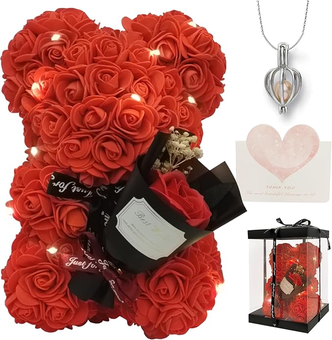 Romantic Valentines Day Gift for Her Rose Artificial Flower Rose Teddy Bear for Wife, Girlfriend Mother Daugther Women. Blind Box Gift for Christmas Birthday Wedding Anniversary (Red Bear)