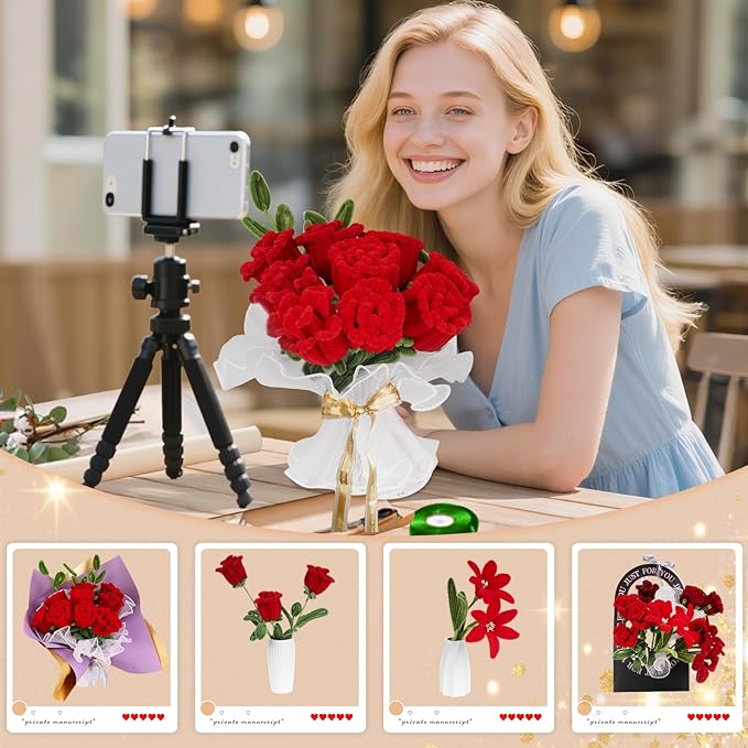 500 PCS Pipe Cleaners Craft Kit for Flower Making Rose DIY Material Bundle with 20 Stems, 100 Stamens, Ribbon, Tulle, Glue Sticks & Step-by-Step Guide - Vibrant Colors, Non-Shedding, Fade-Resistan