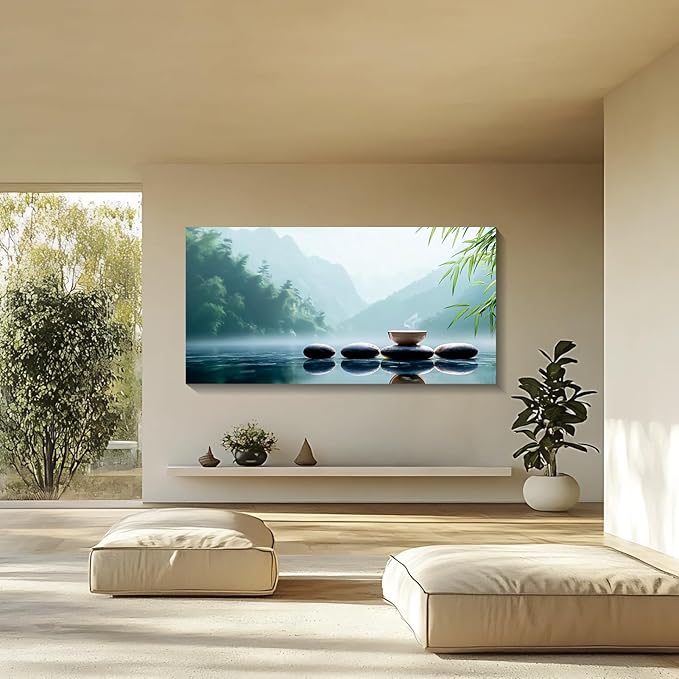 Iallbin Buddha Wall Art & Zen Wall Decor White Lotus on Water Canvas Painting - for Yoga Meditation Room, Spa & Bathroom, Iallbin Zen Stone Wall Art & Zen Wall Decor, Blending the essence of landscape artistry - for Yoga Meditation Room, Spa & Bathroom...