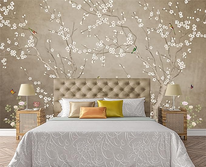 Plum Blossom Flower Bird Chinoiserie Wall Mural Wallpaper for Bedroom 137" x 100"