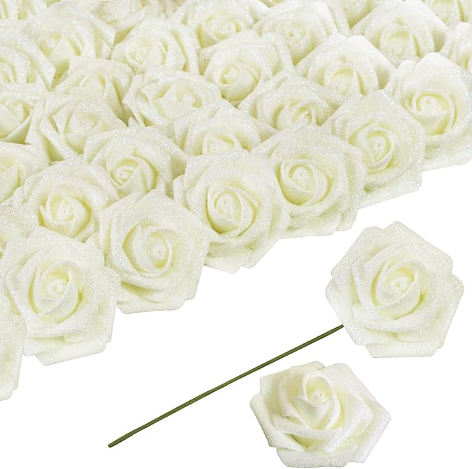 30 pcs Glitter Roses Ivory Artificial Foam Rose Artificial Glitter Flowers with Stem, Foam Glitter Rose for Wedding Party Office Baby Shower Home Decoration(Ivory
