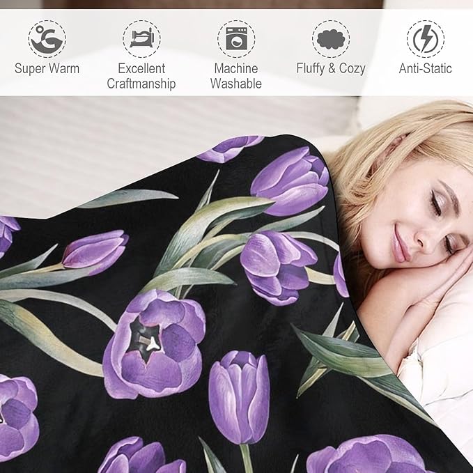 Purple Tulip Blanket Flower Gifts for Girls Women Tulip Floral Throw Blanket for Kids Adults Soft Warm Cozy Fleece Blanket for Couch Sofa Bed 50"x60"