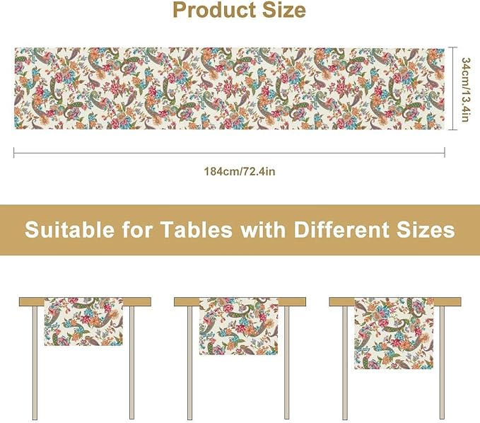 Boho Floral Table Runner, Colorful Bohemian Paisley Flower Design Table Runner for Kitchen Dining Home Party Decor, 13x108 Inch