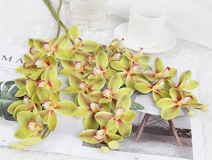 IPOPU 5 Pcs Real Touch Orchids Flowers Green Latex Artificial Orchid Stems for Wedding Party DIY Bridal Bouquet Table Centerpiece Arrangement Office Home Decor