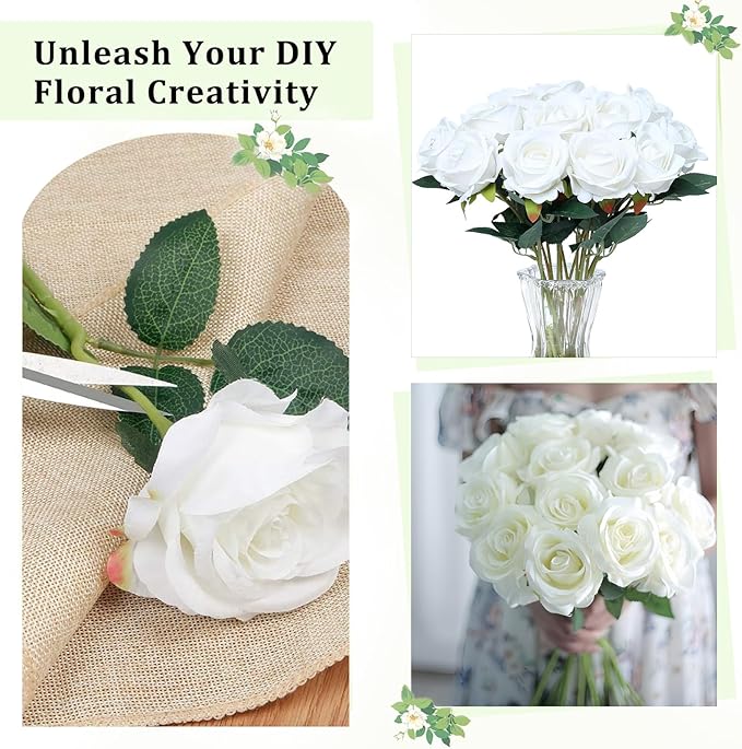 White Roses Artificial Flowers 15 PCS, Fake Roses Silk Flowers with Long Stems, Faux Rose for Wedding Centerpieces, Home Decor, Indoor Floral Arrangements, Party Decor, DIY Bouquet (White)