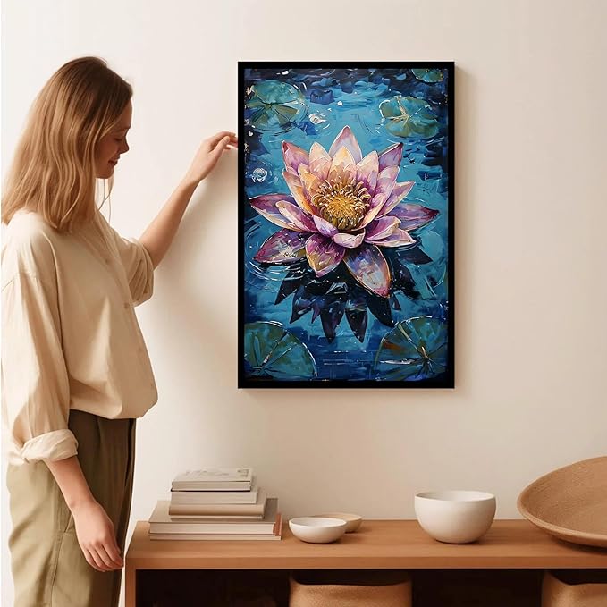 Gorgeous pink and purple water lilies on deep blue water Eye-catching oil painting Serene aquatic wall art for modern home decor 8x12in Metal blackFramed