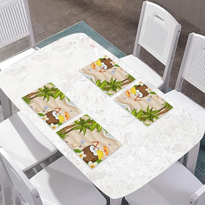 Placemats Set of 4 Waterproof Oilproof Table Mats Summer Coconut Beach Washable Wipeable Heat Resistant Easy to Clean for Indoor Outdoor Party Kitchen Dining Table Decoration 12 * 18in