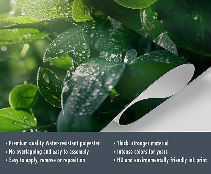 Dewdrops Green Leaf Wall Mural, Botanical Forest Sunlight 3D Wall Murals, Refreshing Nature Wallpaper Mural, for Living Room Bedroom Large Wallpaper Indoor Decor 169.3" W x118.2 H