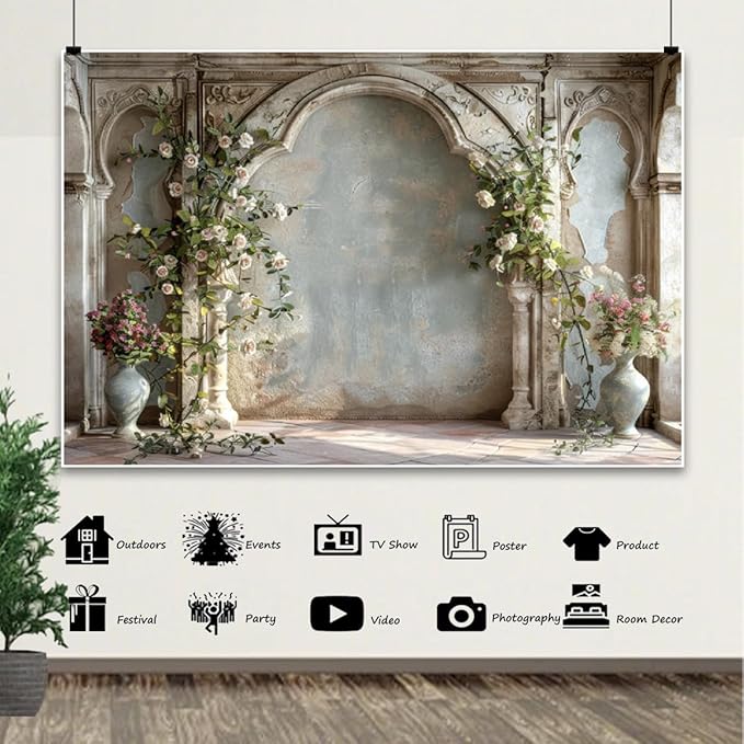7x5ft Retro White Wildflower Backdrop Vintage Old Palace Building Concrete Wall Photography Background for Wedding Valentines Day Mother-to-be Bridal Shower Birthday Princess Portrait