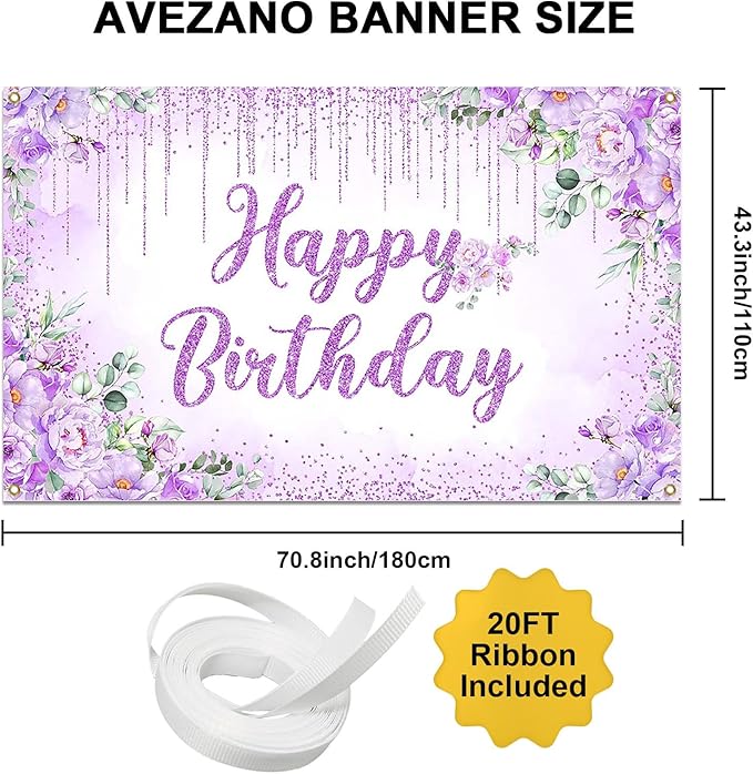 Avezano Happy Birthday Backdrop Banner for Girls Women Happy Birthday Party Decorations Floral Glitters Bday Banner Party Supplies (Purple, 6x3.6ft)