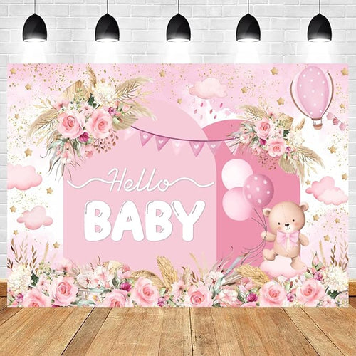 15x10ft Hello Baby Backdrop Pink Gold Boho Floral Bear Baby Shower Photography Background Balloon Stars Clouds Banner Decorations Welcome Newborn Celebration Party Portrait Photo Booth Prop