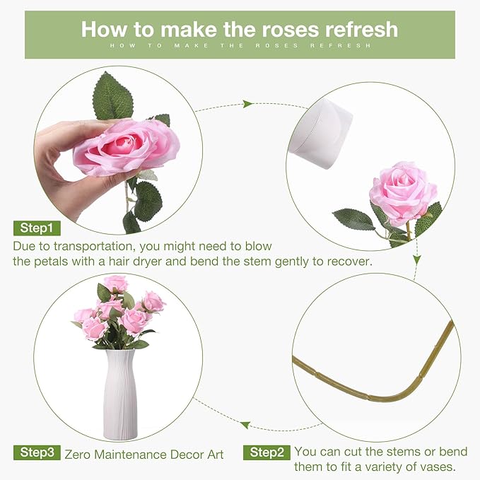 Jexine 60 PCS Artificial Roses Bulk Silk Flowers with Long Stems, Realistic Faux Rose Bouquet for Wedding Centerpieces, Valentine’s Party, Home Decor(Pink)