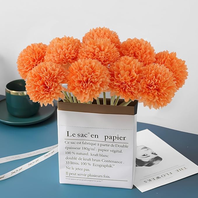 12 Pcs Artificial Chrysanthemums Fall Flowers Silk Orange Marigolds Flowers Fake Mums Flower for Autumn Dia de Los Muertos Diwali Day of The Dead Home Decor (12, Orange)