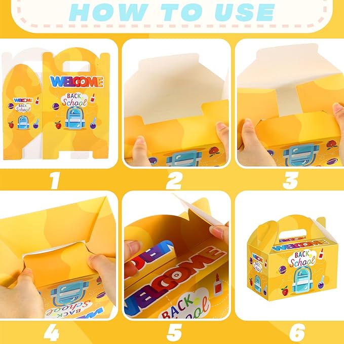24 Pcs Back to School Party Favor Boxes First Day of School Gift Goodie Candy Cookie Treat Boxes with Handles for Classroom New Semester Favors Party Supplies